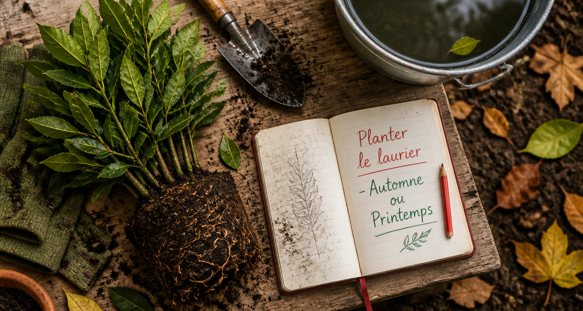 quand planter le laurier, motte et outils de jardinage