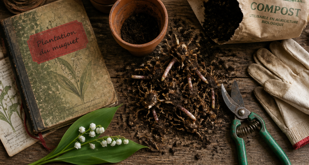 quand planter le muguet outils et griffes sur table
