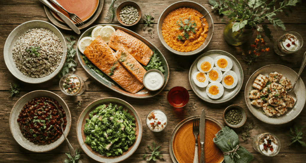 repas riche en proteine sur grande table avec saumon, lentilles, tofu, œufs