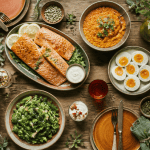 repas riche en proteine sur grande table avec saumon, lentilles, tofu, œufs