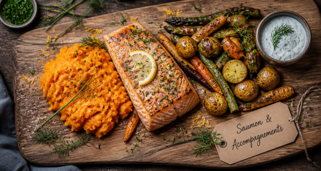 Saumon au four accompagnement avec légumes et sauce