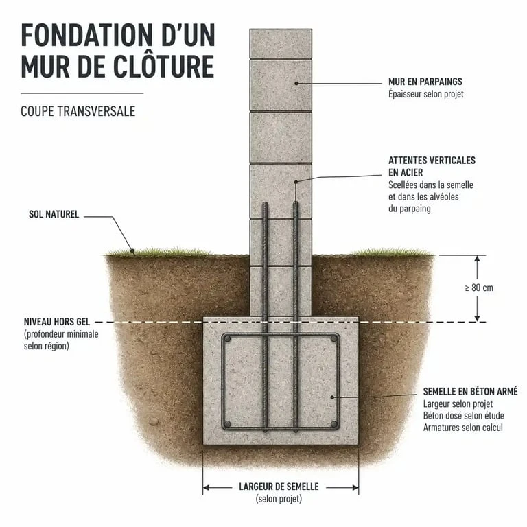 Schéma technique d'une fondation de mur de clôture avec semelle et ferraillage