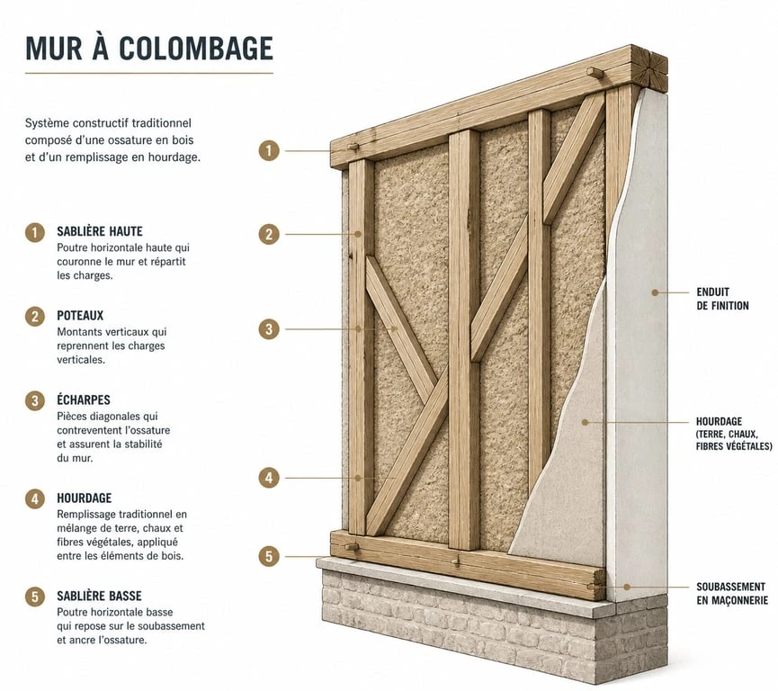 Schéma technique de l'anatomie d'un mur à colombage avec ossature bois et hourdage