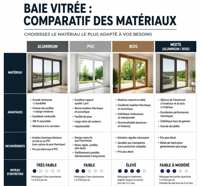 Tableau comparatif des matériaux pour l'installation d'une baie vitrée : aluminium, PVC, bois et mixte