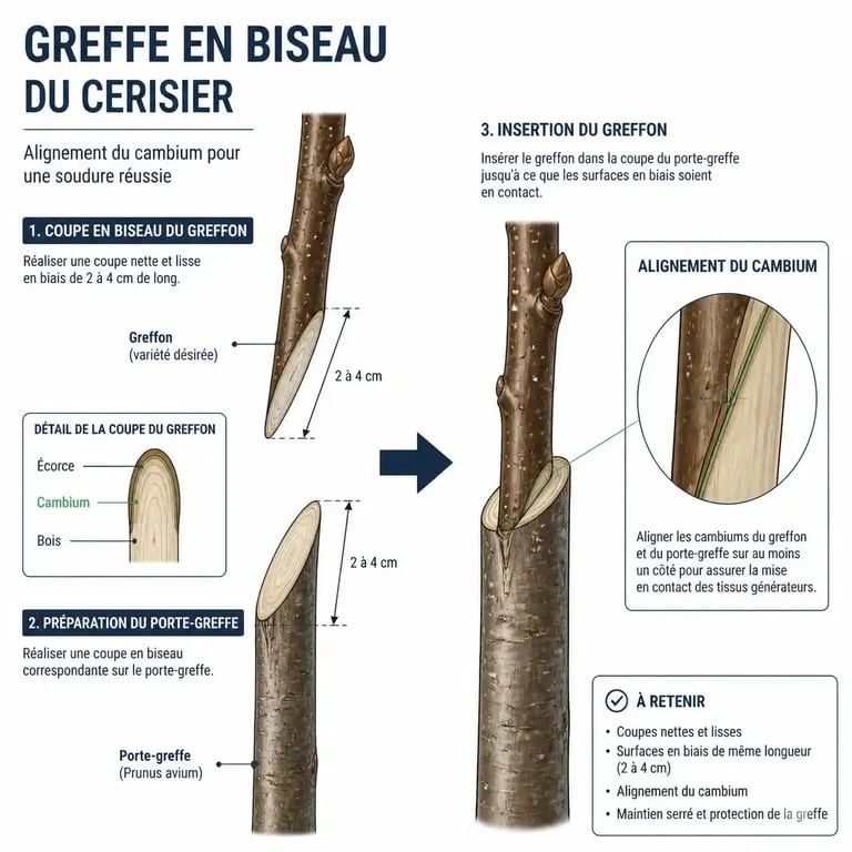 Schéma technique illustrant l'alignement du cambium lors de la greffe d'un cerisier