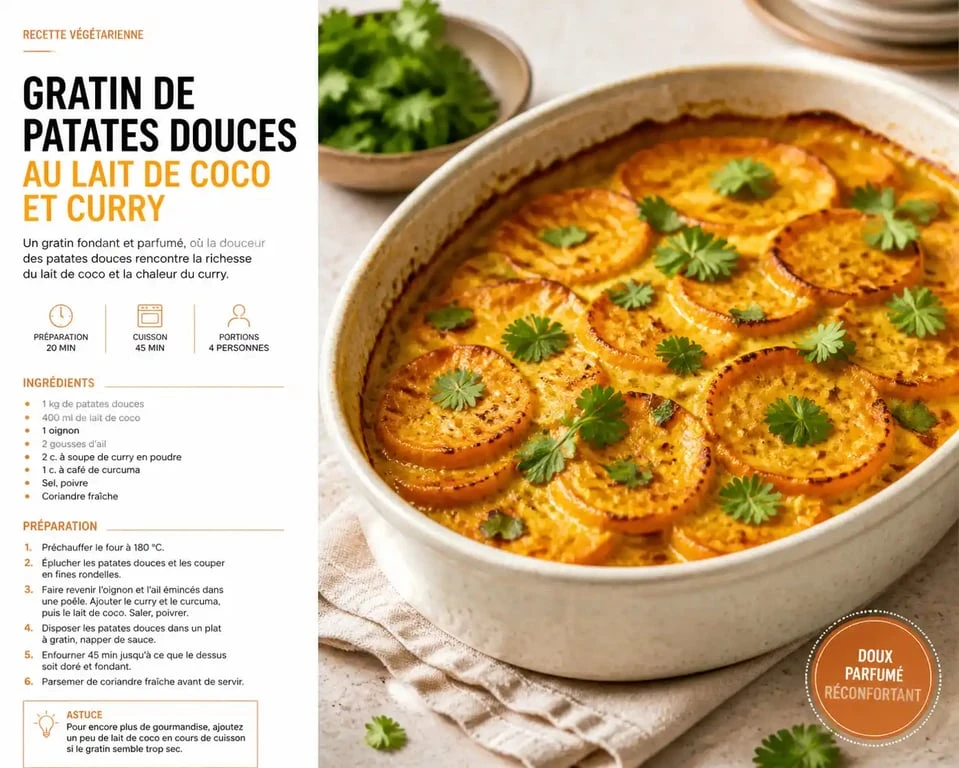 Gratin de patate douce au lait de coco et curry, un accompagnement idéal pour vos plats de viande ou poisson.