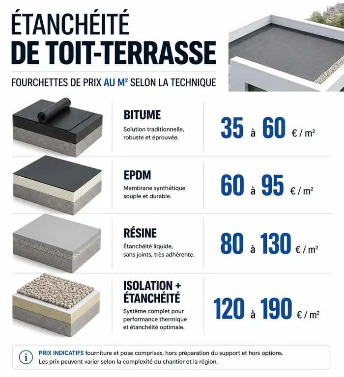 Tableau comparatif des prix au m2 pour l'étanchéité d'un toit terrasse selon les matériaux