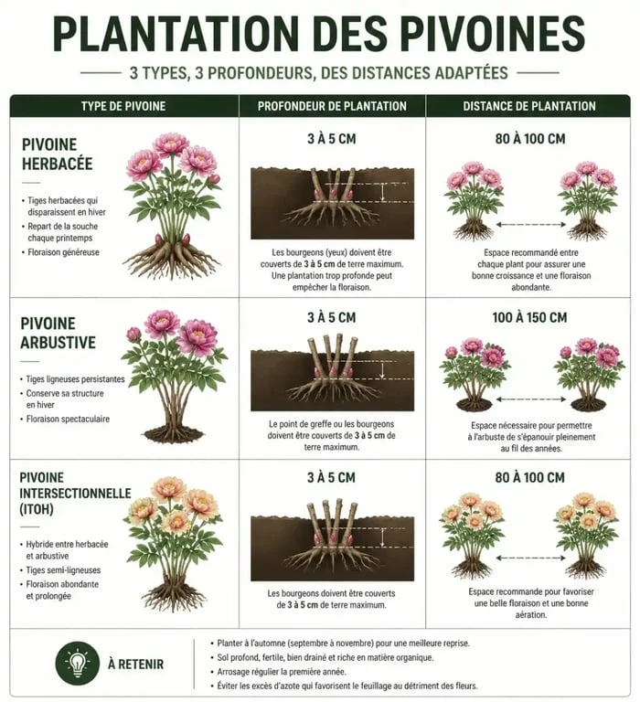 Infographie sur la profondeur et la distance de plantation des pivoines herbacées, arbustives et intersectionnelles pour réussir quand planter sa pivoine.