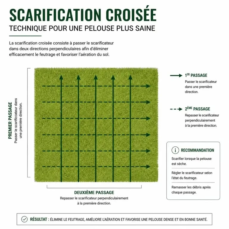 Schéma explicatif de la technique de scarification croisée pour une pelouse saine