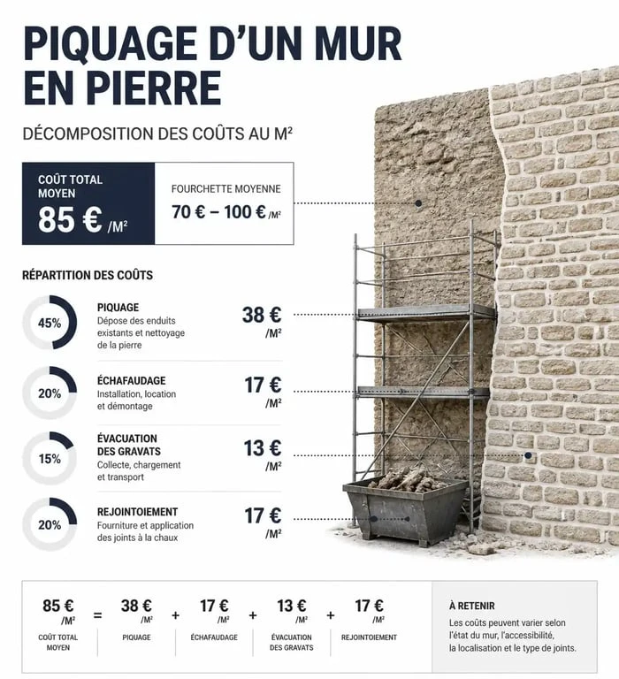 Décomposition des prix au m2 pour le piquage d'un mur en pierre et travaux de rénovation de façade