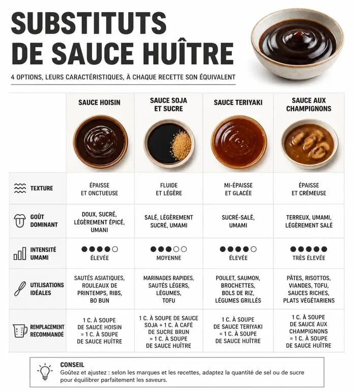 Tableau comparatif des meilleures alternatives à la sauce huître pour vos recettes asiatiques.