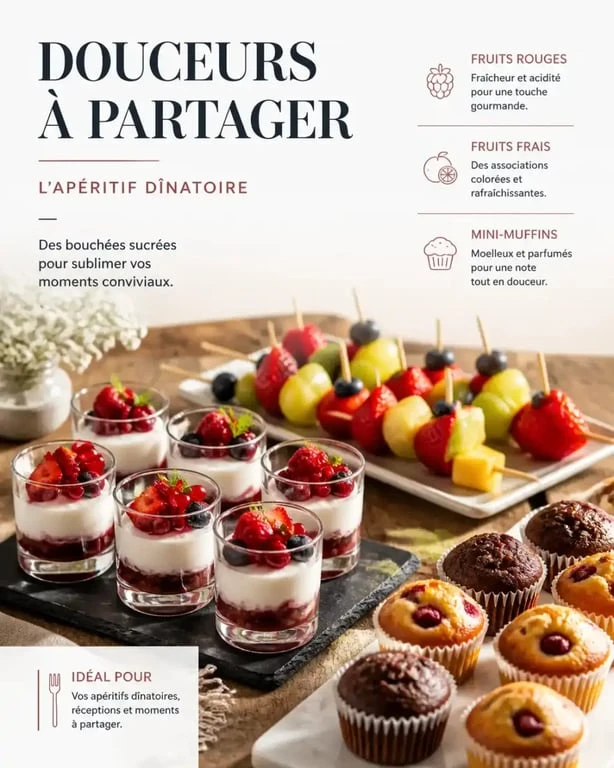 Assortiment de desserts pour un apéritif dînatoire, incluant verrines et mignardises sucrées