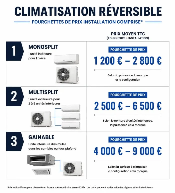 Comparatif des prix d'installation d'une climatisation réversible selon le modèle