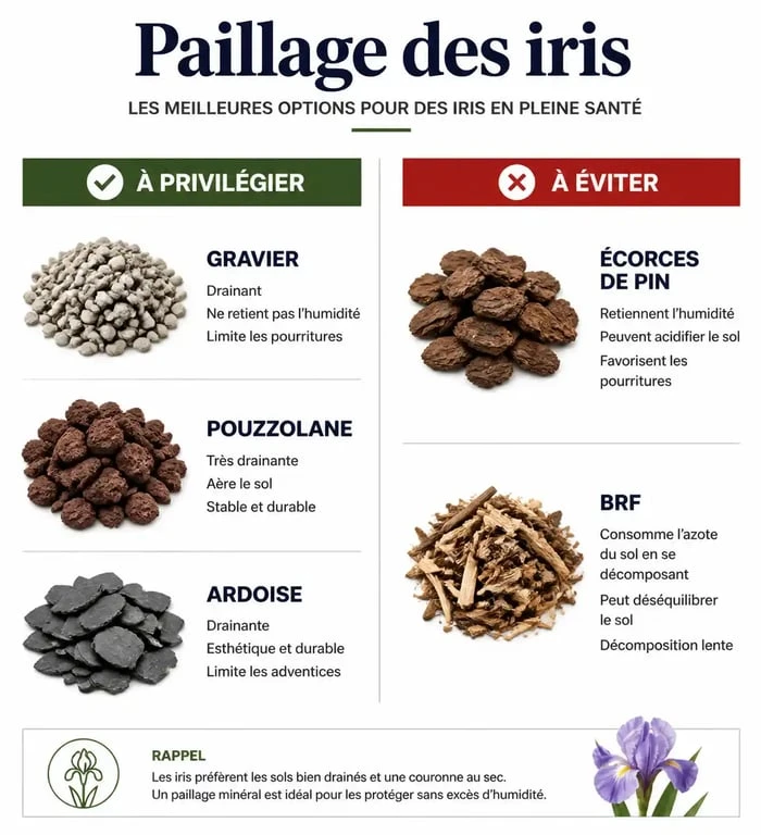 Infographie sur le paillage idéal pour les iris : gravier et ardoise contre écorces de pin