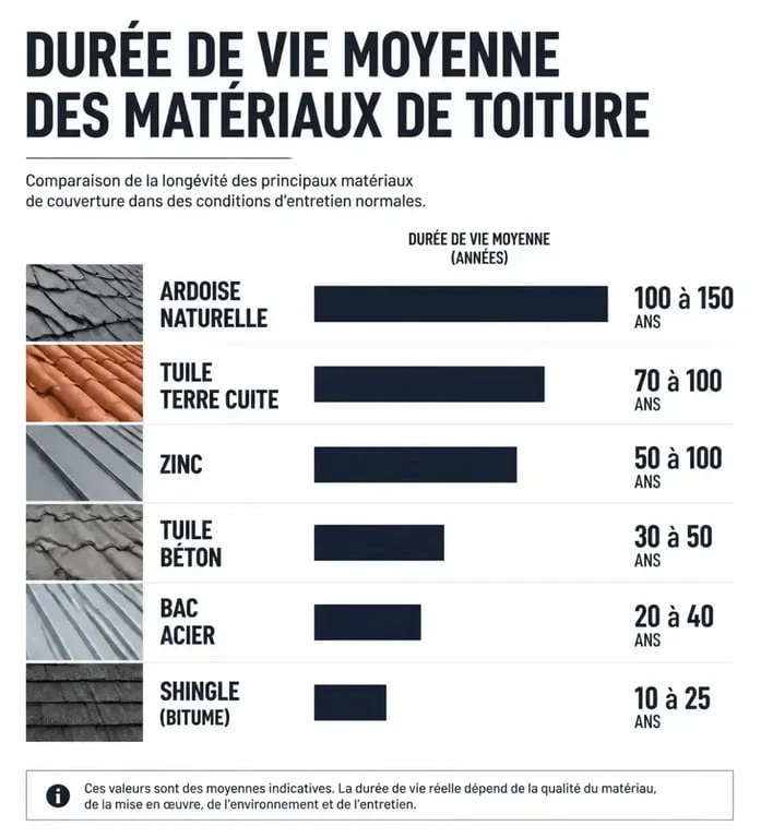 Infographie comparative de la durée de vie des matériaux de toiture : ardoise, tuile, zinc et bac acier.