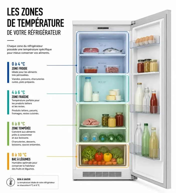 Schéma des zones de température pour bien ranger son frigo