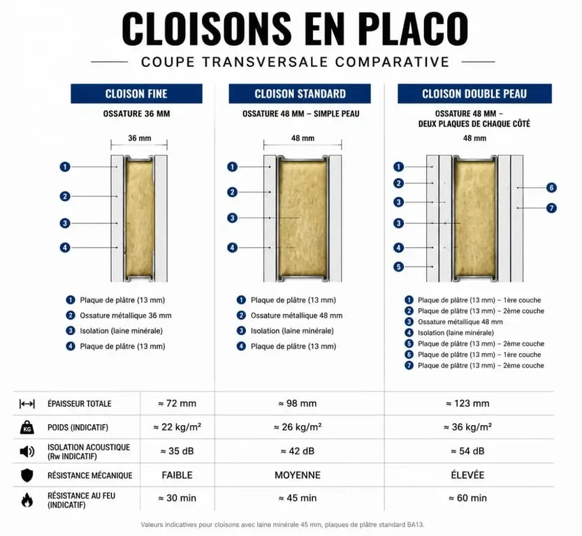 Schéma comparatif des épaisseurs de cloisons en Placo : standard, fine et double peau pour vos travaux d'aménagement.