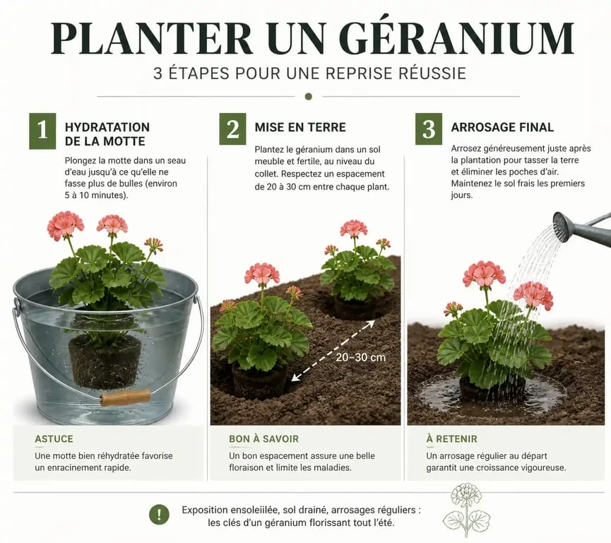 Étapes illustrées pour réussir à planter ses géraniums au jardin ou en pot