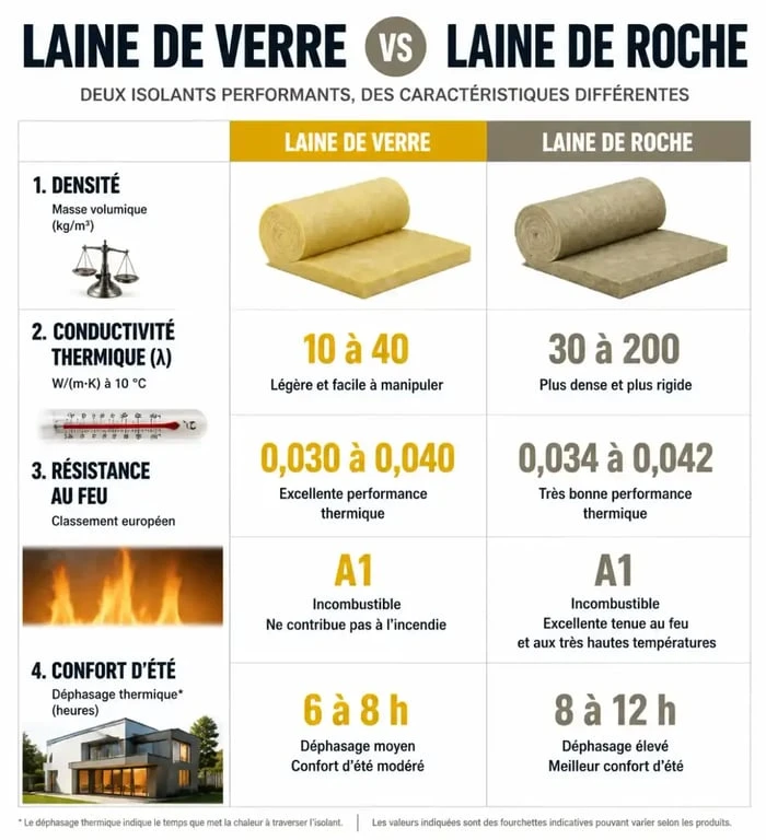 Tableau comparatif des performances entre la laine de verre et la laine de roche pour l'isolation thermique