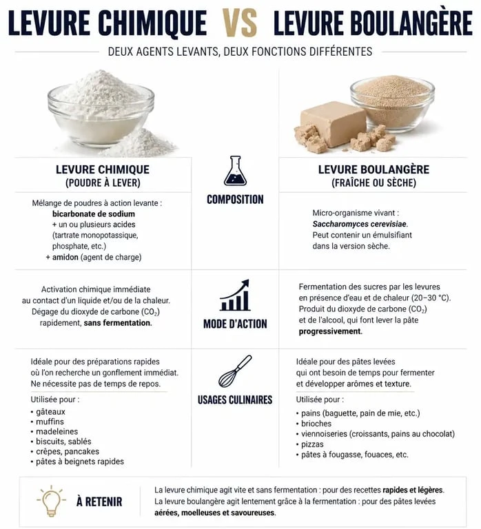 Infographie comparative entre levure chimique et levure boulangère pour la pâtisserie