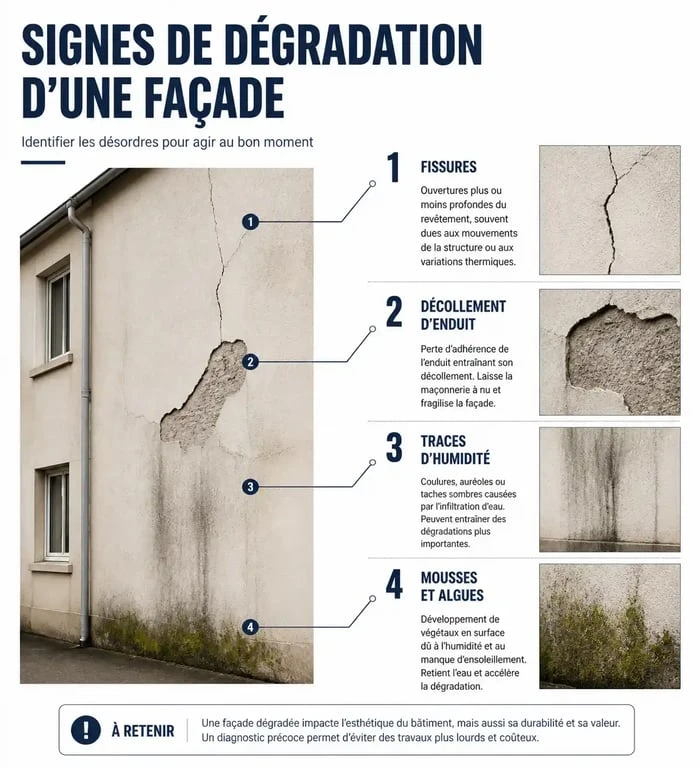 Infographie des signes de dégradation d'une façade nécessitant un ravalement