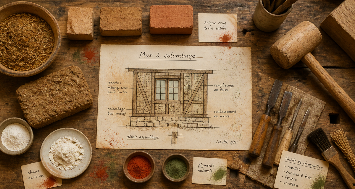 Échantillons et outils sur établi pour mur colombage
