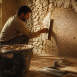 Artisan pose enduit chaux liege sur mur pierre