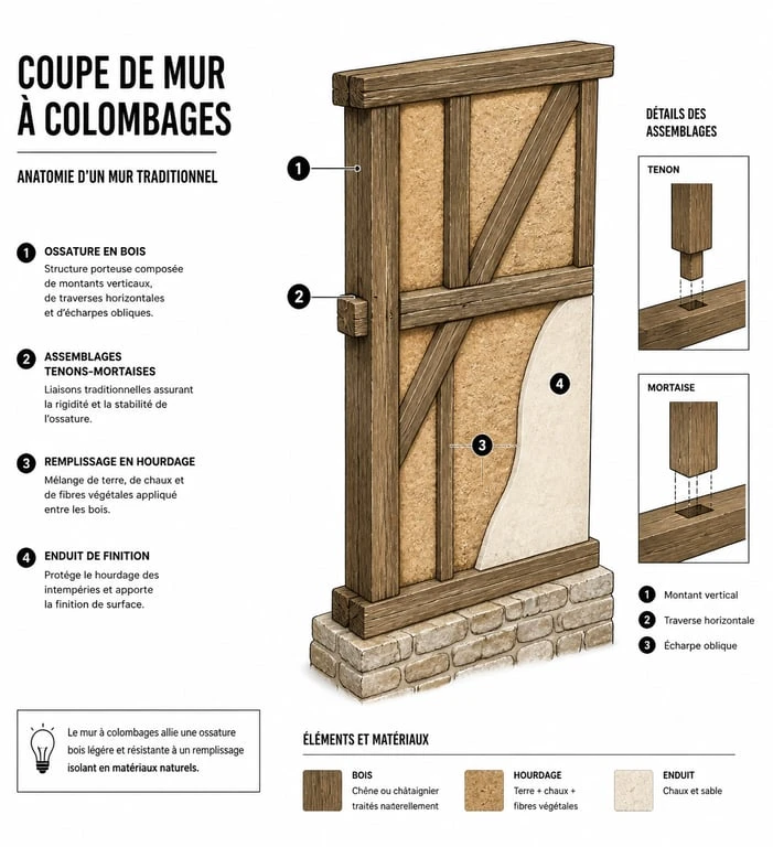 Schéma technique de l'anatomie d'une maison à colombages avec ossature bois et hourdage