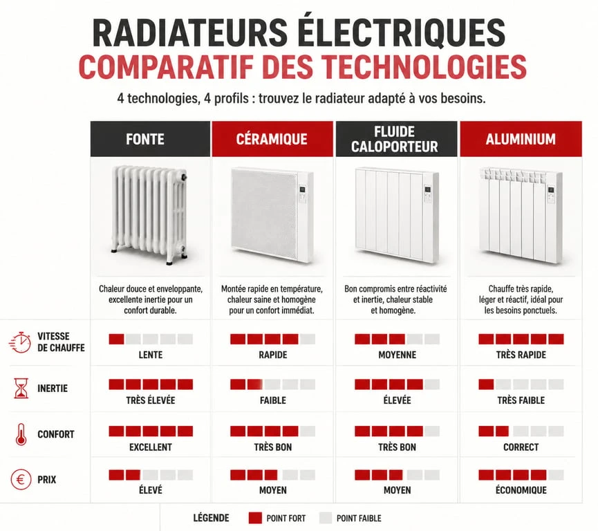 Comparatif des technologies de radiateurs électriques : fonte, céramique, fluide et aluminium pour choisir le meilleur radiateur électrique.