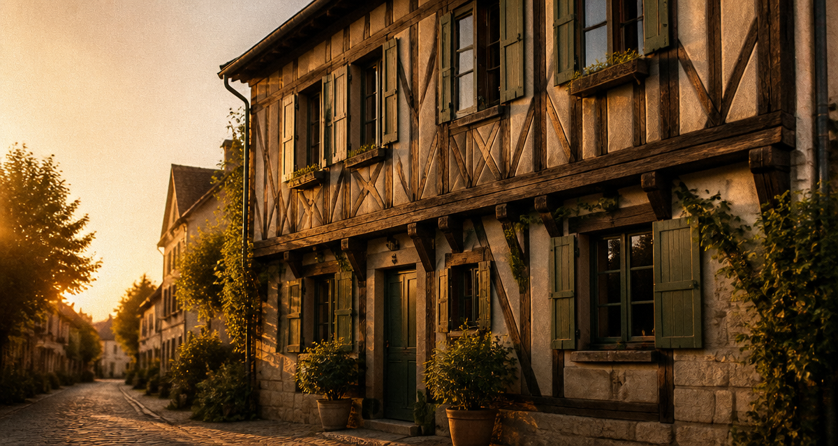 colombage maison façade typique lumière dorée