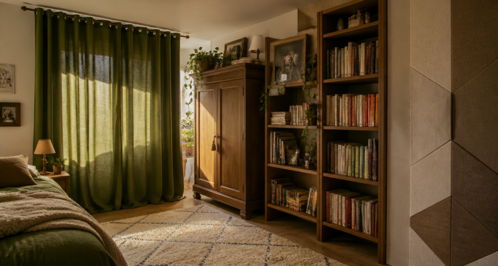 isolation phonique mur chambre sans travaux avec rideau et panneau feutre