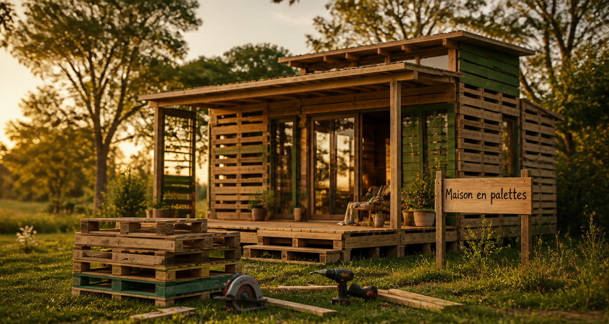 maison en palettes sur terrain verdoyant