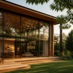 Maison mur rideau moderne terrasse bois et verdure