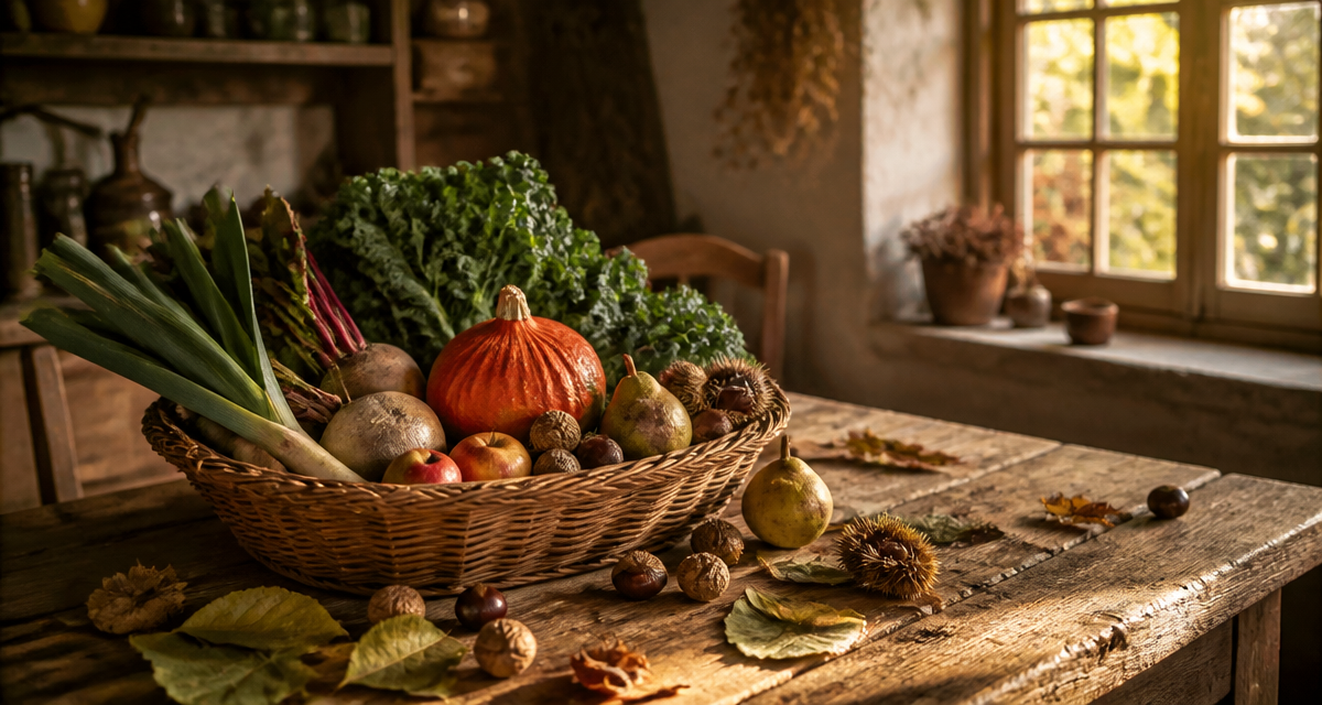 Panier fruit et legume automne, table bois, lumière dorée