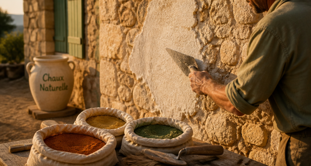 Artisan applique chaux enduit sur mur en pierre