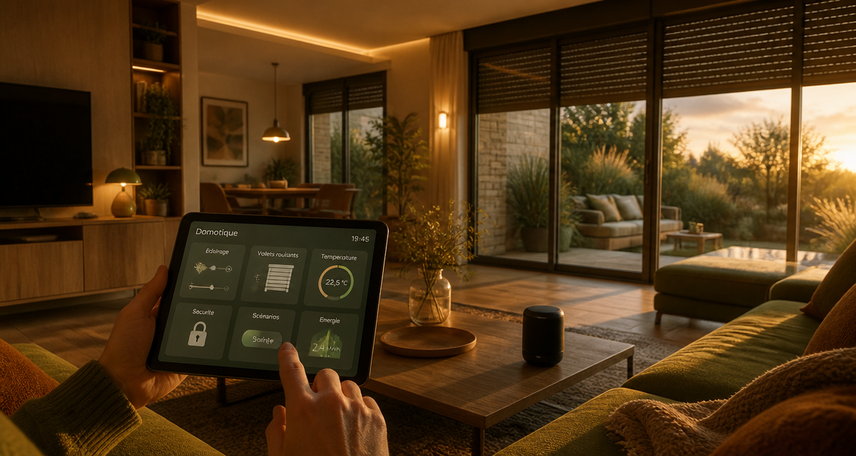 Domotique définition, salon connecté avec tablette