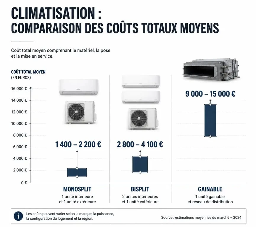 Infographie comparative des prix moyens d'installation d'une climatisation réversible : monosplit, bisplit et gainable.