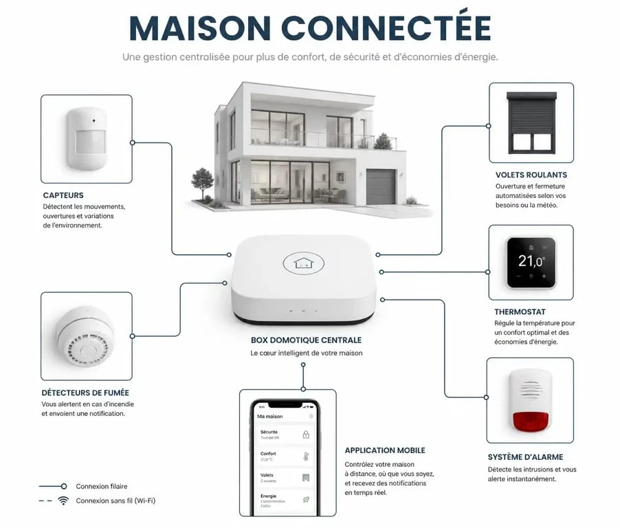 Schéma illustrant le fonctionnement d'une installation domotique avec une box centrale et des objets connectés