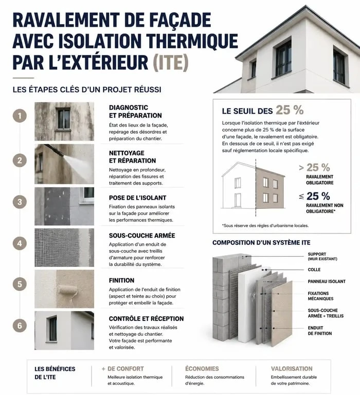 Infographie des obligations légales et étapes du ravalement de façade avec isolation thermique