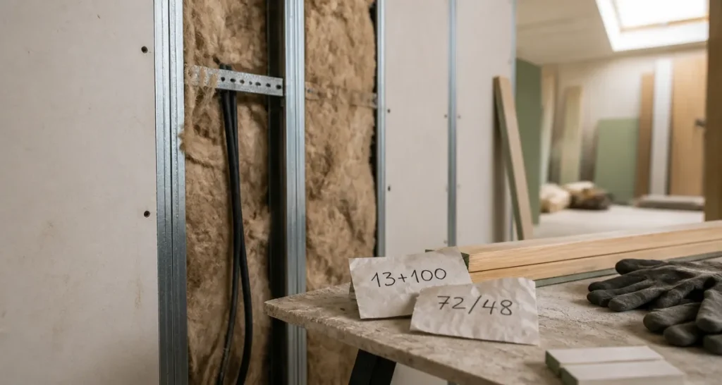 Epaisseur isolation placo : laine minérale et plaques BA13 en chantier