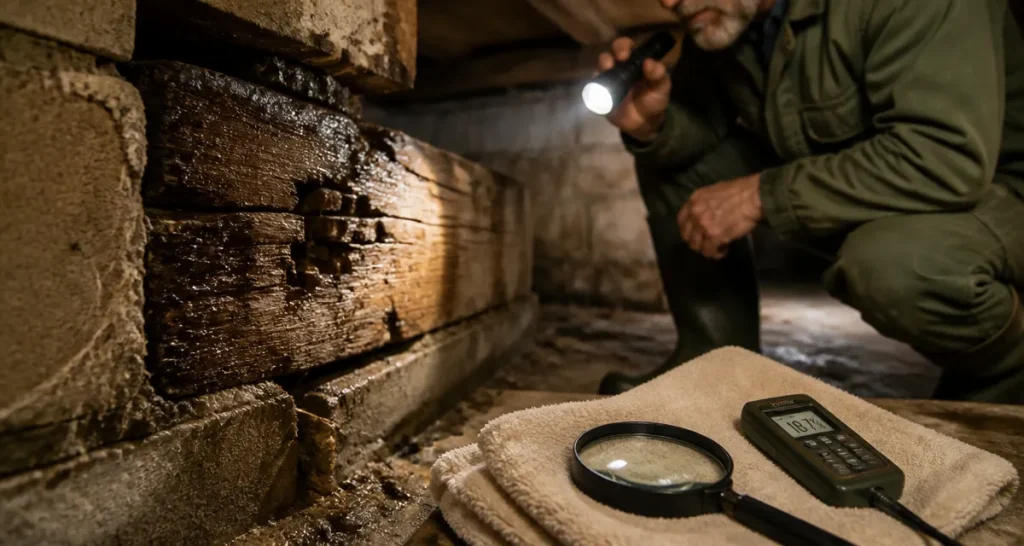 Merule bois : bois humide fissuré et petits cubes, diagnostic en cave sanitaire