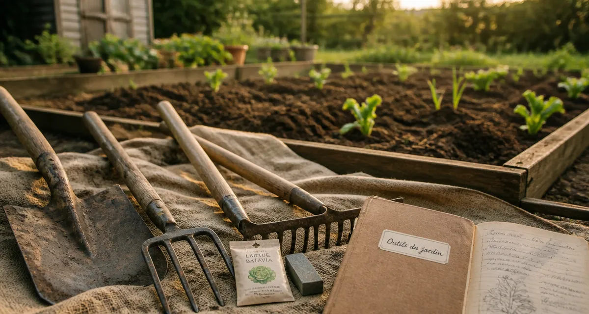 Outils de jardinage : bêche grelinette et râteau sur toile, potager
