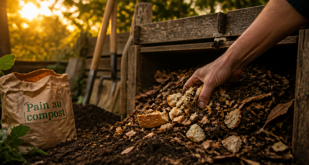 pain composteur enfoui sous feuilles au jardin