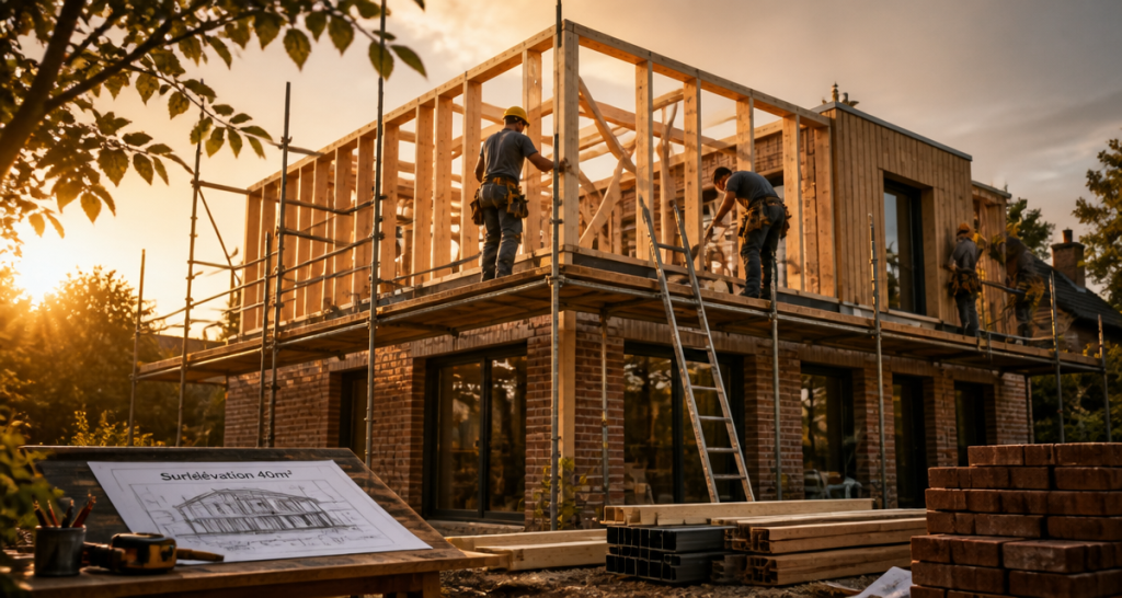 prix surélévation maison 40m2 échafaudage et ouvriers