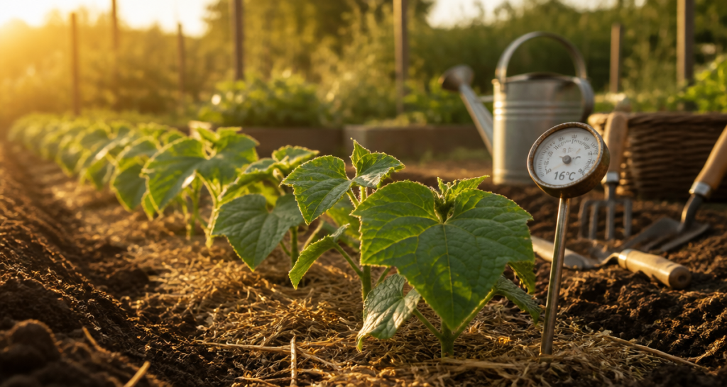 quand planter concombre jeunes plants en terre avec thermomètre