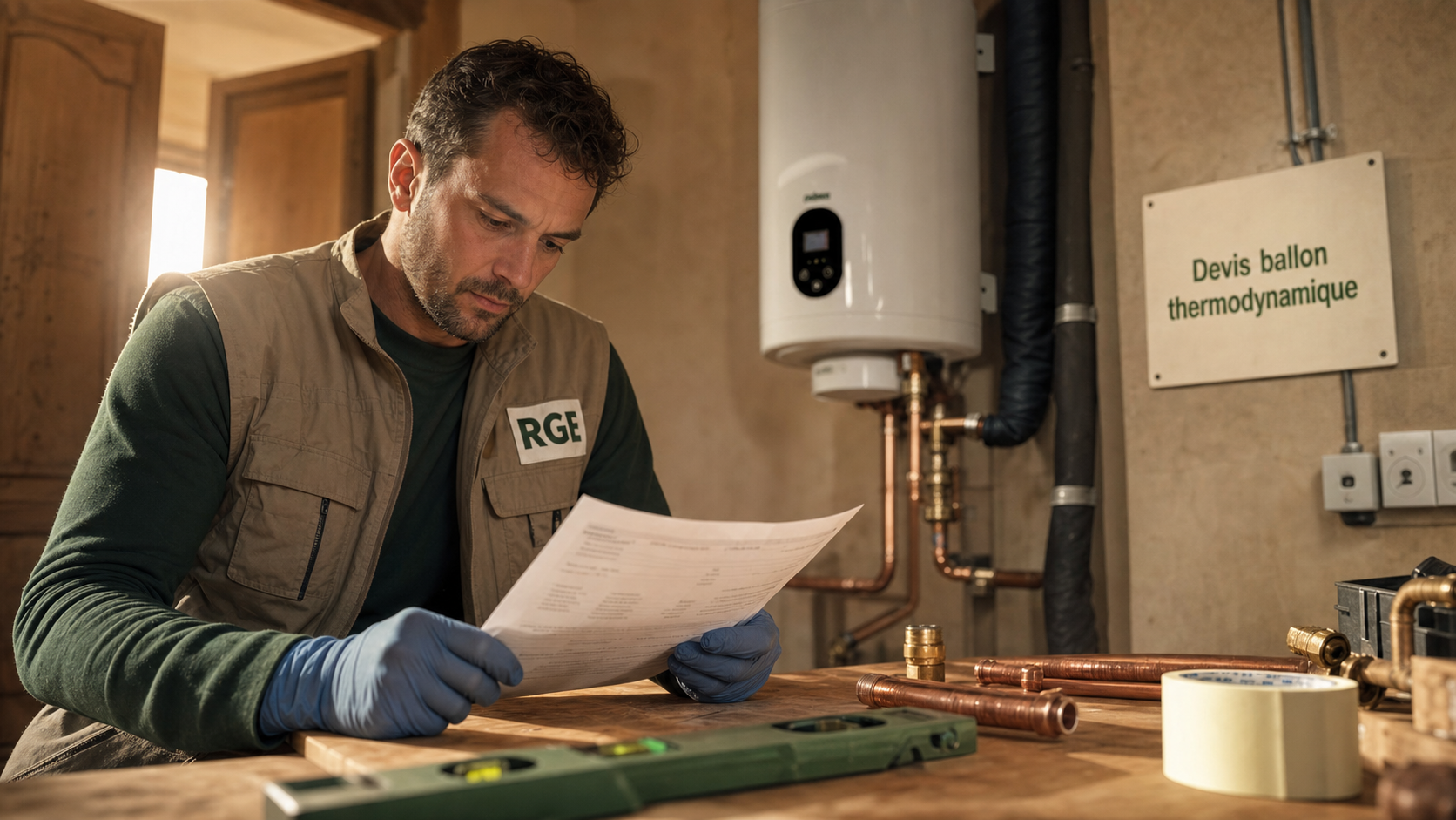 Chauffe eau thermodynamique prix : technicien RGE vérifie un devis et la pose