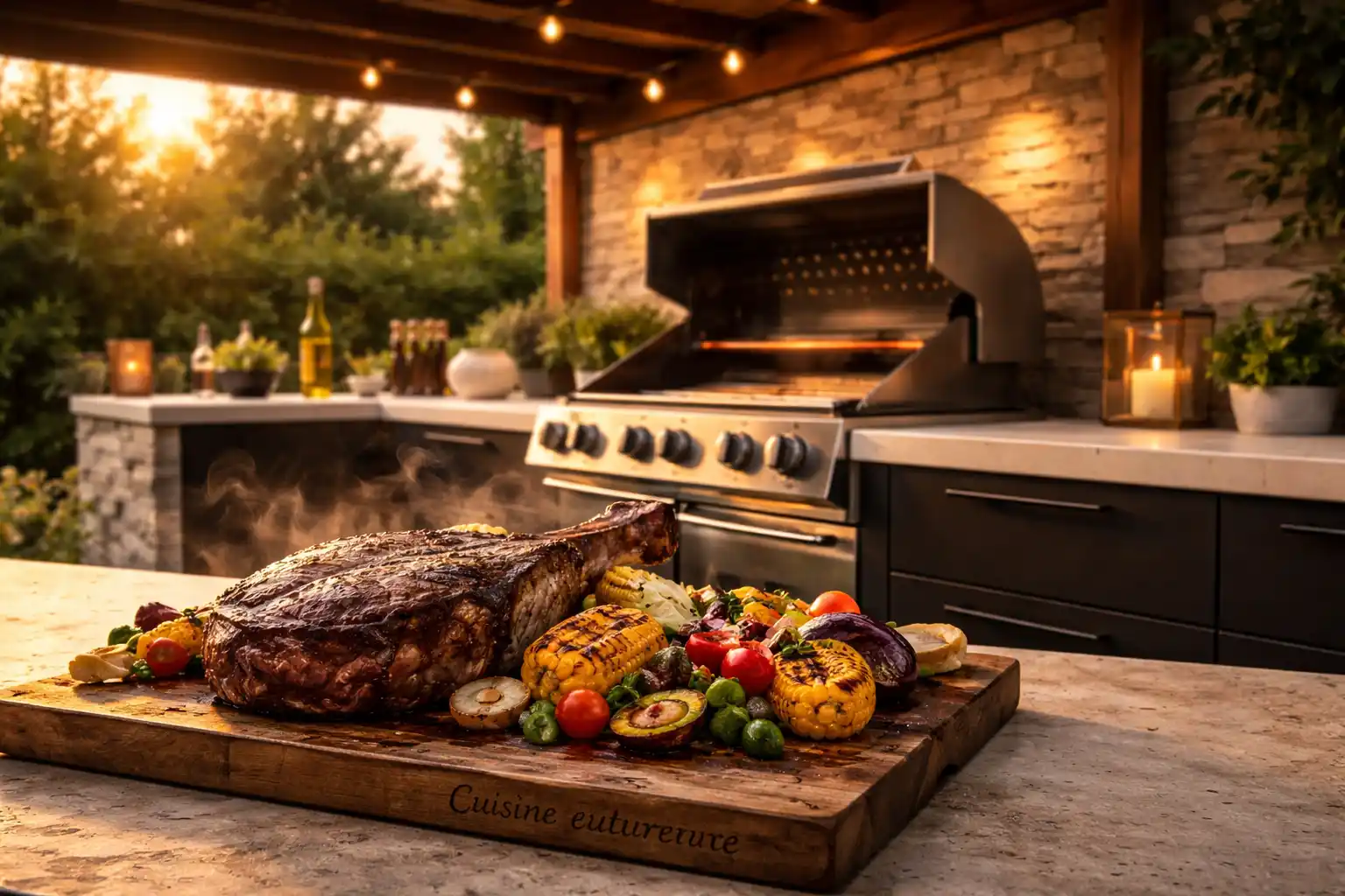 Barbecue cuisine extérieure moderne sous pergola