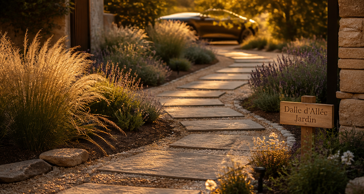 dalle allee de jardin en pierre naturelle et beton