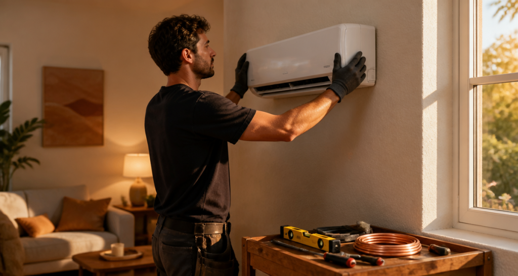 installation climatiseur split par technicien en intérieur
