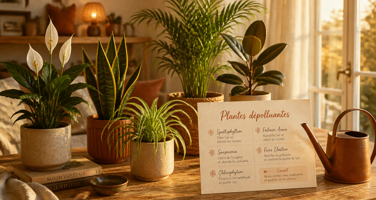 plantes d'interieur depolluante sur table en bois